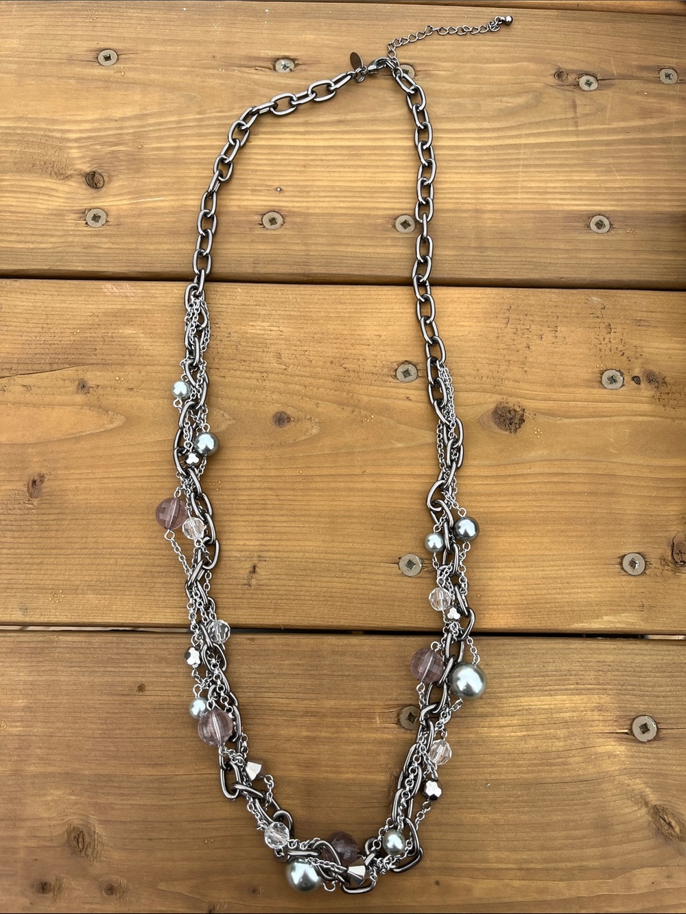 Lia Sophia silver industrial style chain necklace with pink crystals